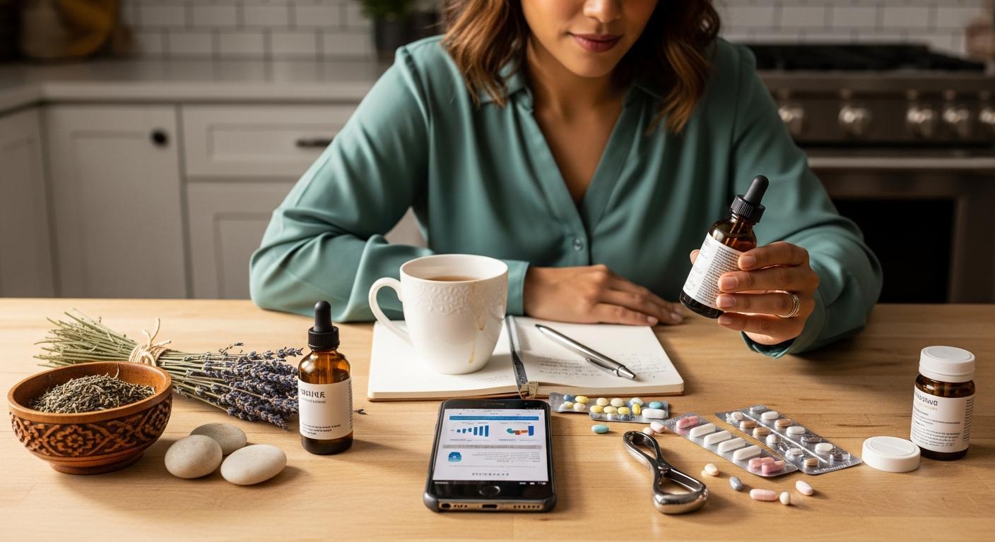 a woman holding natural remedy tincture with herbal elements, supplements, and a cup of tea on a table, illustrating home and clinical approaches to digestive wellness.