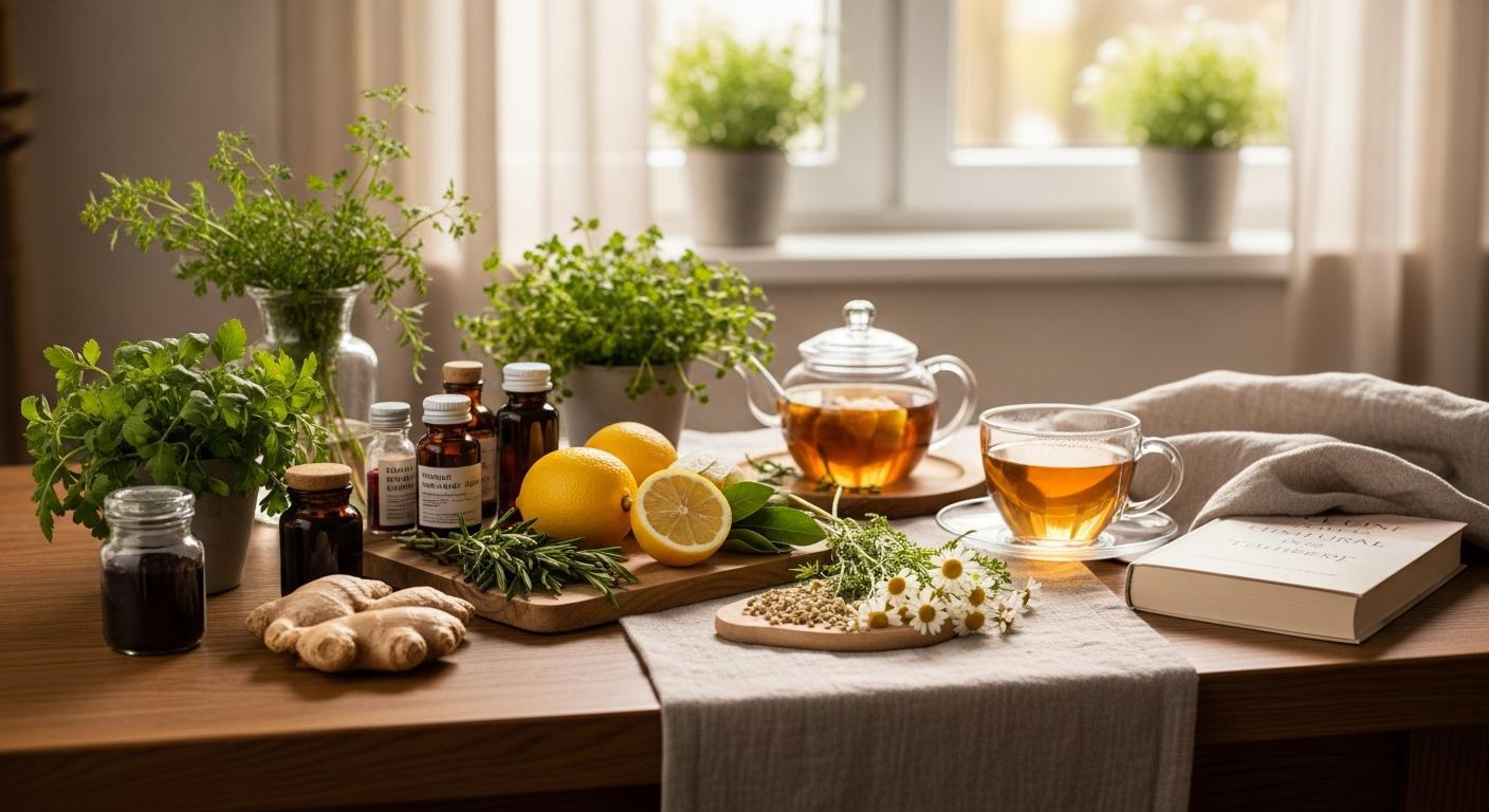 a cozy wooden table displaying natural remedies like herbal tea, fresh ginger, lemon slices, chamomile flowers, and tinctures for early pregnancy symptoms relief without chemical treatments