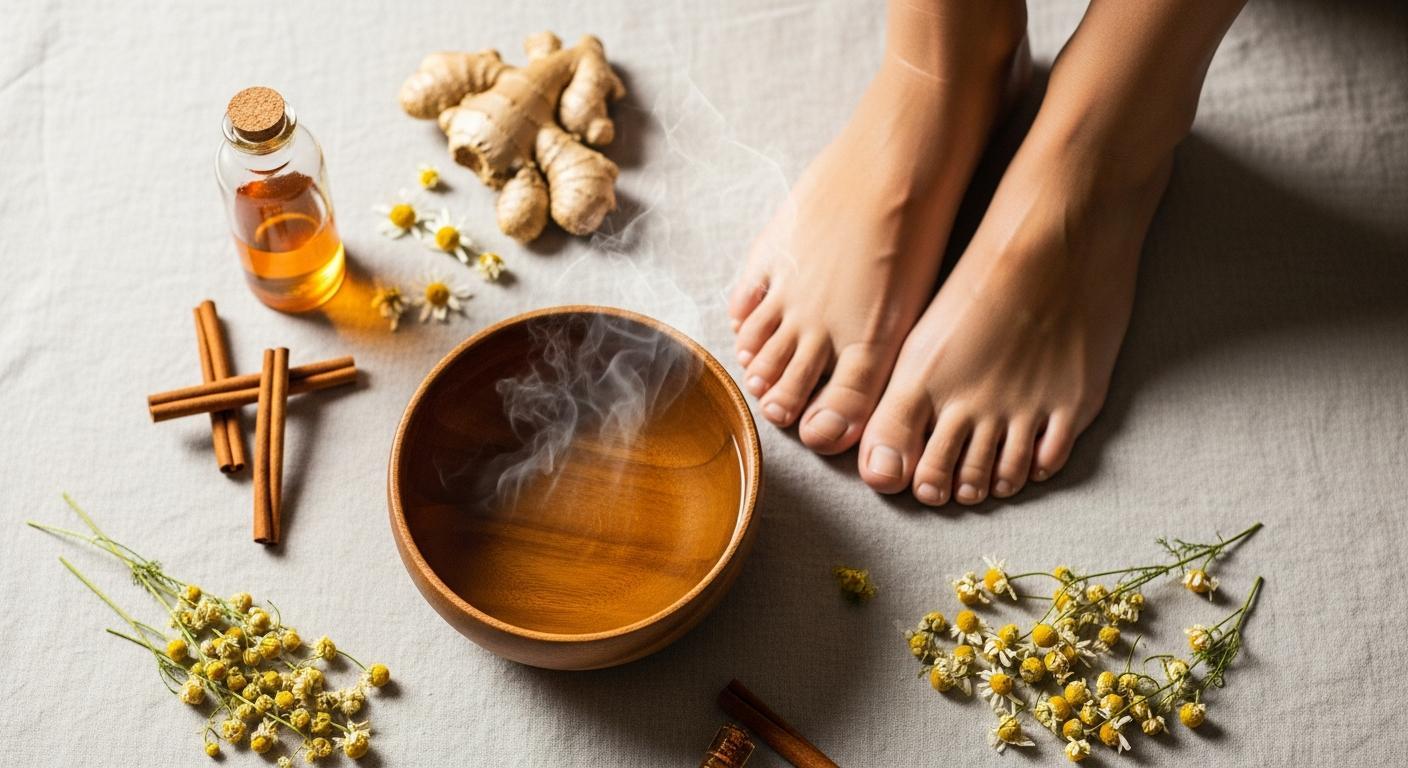 7 překvapivých řešení pro Studené nohy babské rady (Bez chemie) 9 a person’s feet near a wooden bowl emitting steam with ginger, cinnamon sticks, chamomile flowers, and essential oil for warmth and improved circulation.