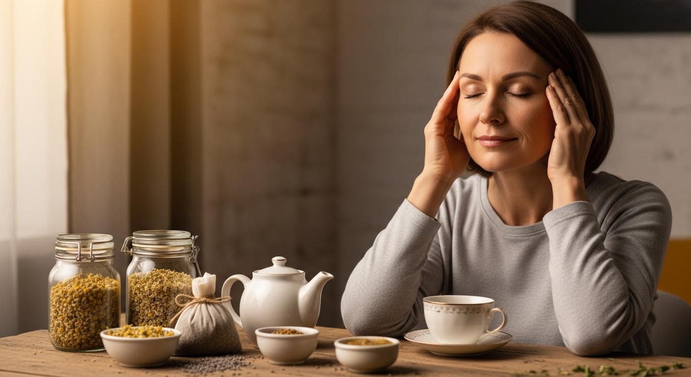 Babské rady hučení v uších: Tradiční metody, na které se můžete spolehnout 1 a woman resting her hands on her temples in a calm setting with jars of herbs, tea pot, and cups, suggesting relaxation techniques for stress relief.