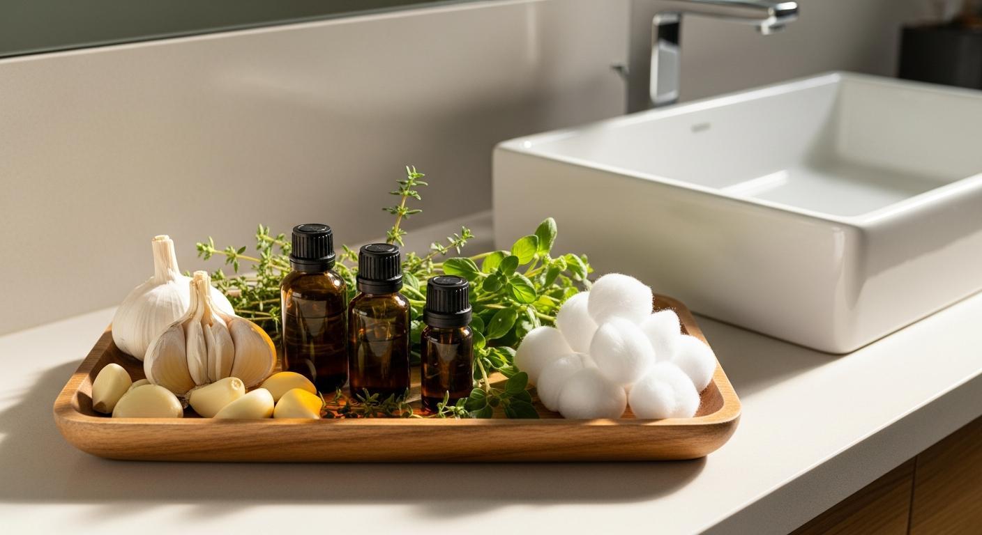 Babské rady na mykozu: Kompletní průvodce pro domácí řešení 1 a wooden tray with garlic cloves, fresh thyme, essential oil bottles, and cotton balls for natural home remedies against fungal infections