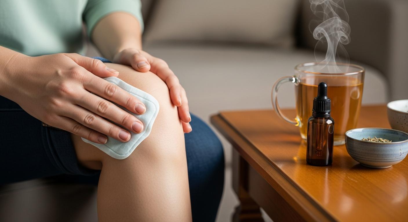 Babské rady na vodu v koleni: Kompletní průvodce pro domácí řešení 7 a person receiving a warm compress on their knee for joint relief, with herbal tea and essential oil nearby for natural kloubní dysfunkce care