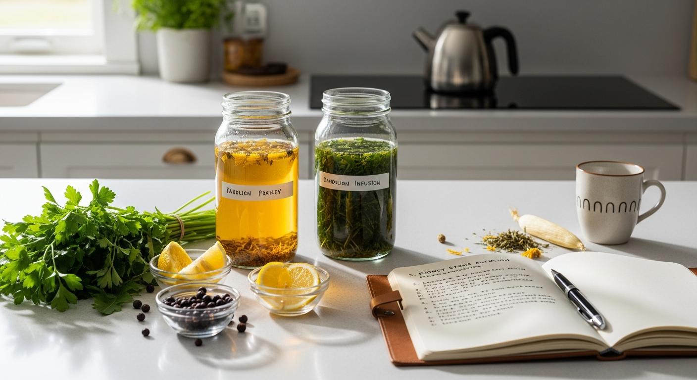Jak na to: Ledvinové kameny babské rady (Krok za krokem) 3 homolekaritiva infuze s popisky "babské rady na ledvinové kameny" a přírodními složkami jako dandelion, citron, bylinky a ledvinový čaj