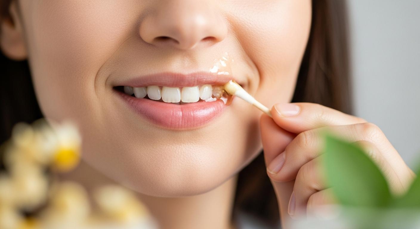 a person applying dental gel or ointment to treat an aft (mouth ulcer) using a cotton swab