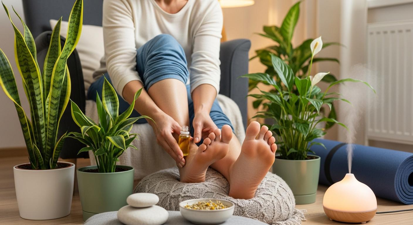 a person applying natural foot oil massage for potential relief of bolest nohou in a calming home spa setting with plants, aromatherapy, and relaxation accessories
