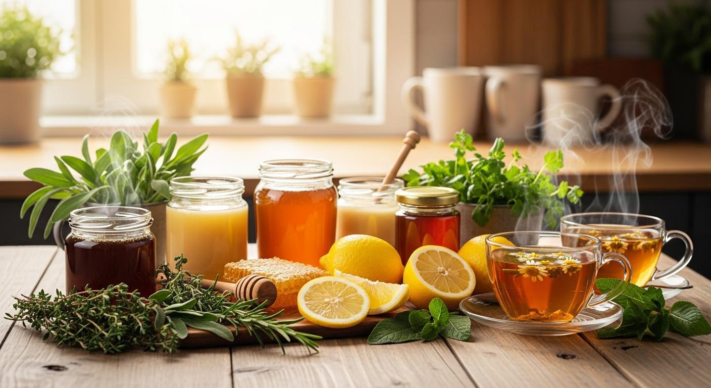 Babske rady na vykaslavani hlenu: 5 ověřených tipů a domácích receptů (2026) 7 natural herbal teas with honey, lemon, and fresh herbs for respiratory comfort and vykašlávání hlenu