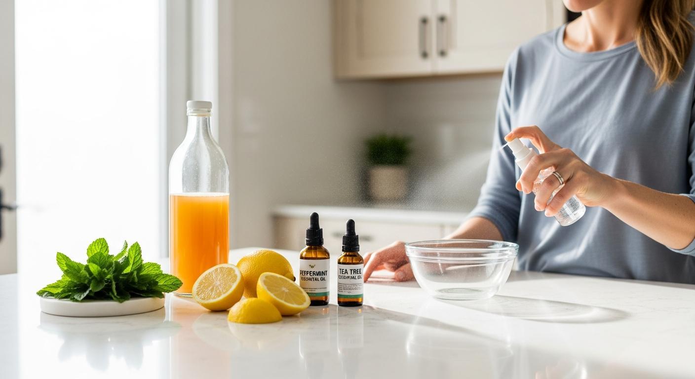 a person preparing a natural wasp repellent spray using essential oils like peppermint and tea tree, lemon slices, and mint leaves on a kitchen counter.