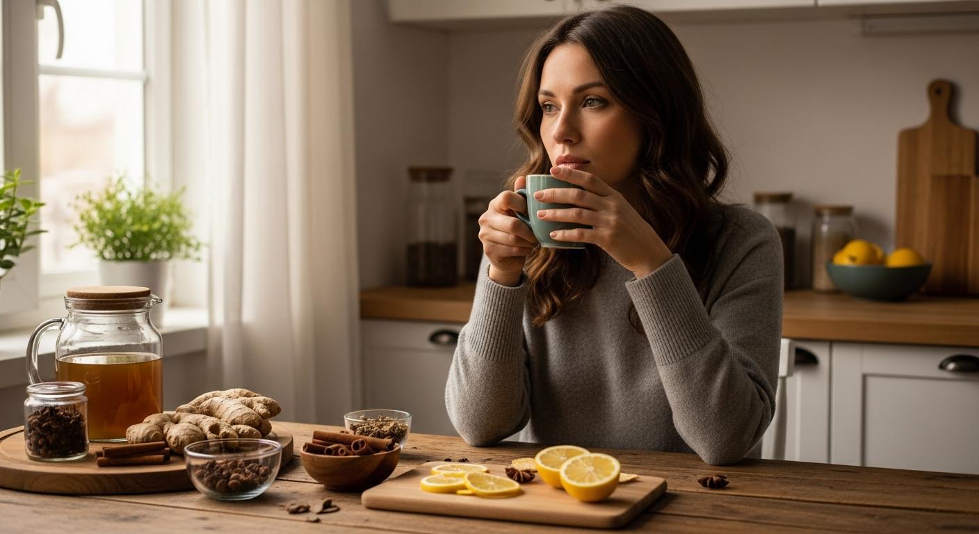 Babské rady jak zjistit těhotenství: 5 ověřených tipů a domácích receptů (2026) 1 a woman sipping herbal tea at a kitchen counter surrounded by natural ingredients like ginger, lemon slices, cloves, and star anise, possibly exploring home remedies for early wellness.