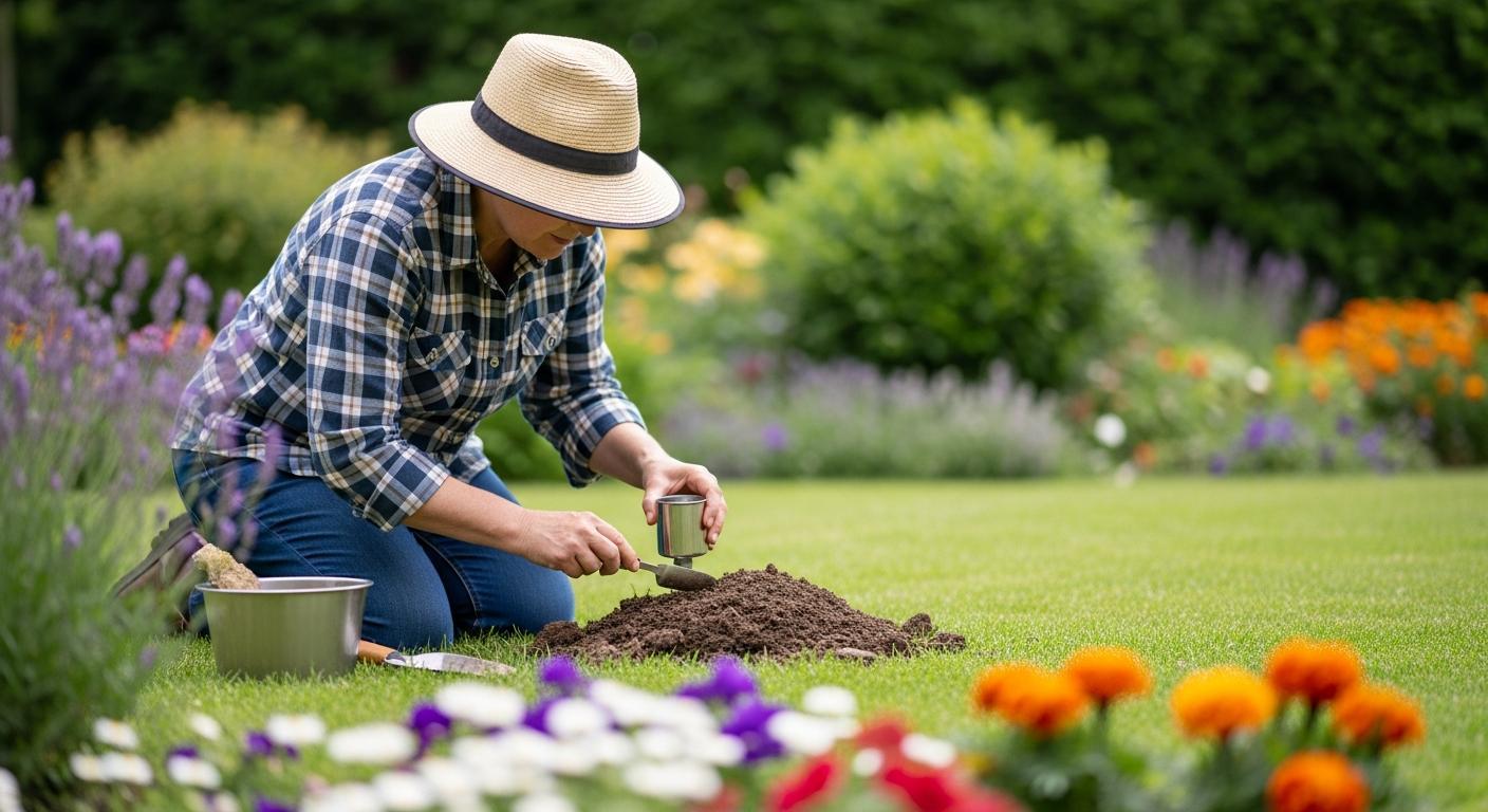 Jak na to: Babské rady na krtka (Krok za krokem) 1 a person kneeling on a garden lawn carefully removing a molehill with a small hand trowel and bucket, surrounded by colorful flowers
