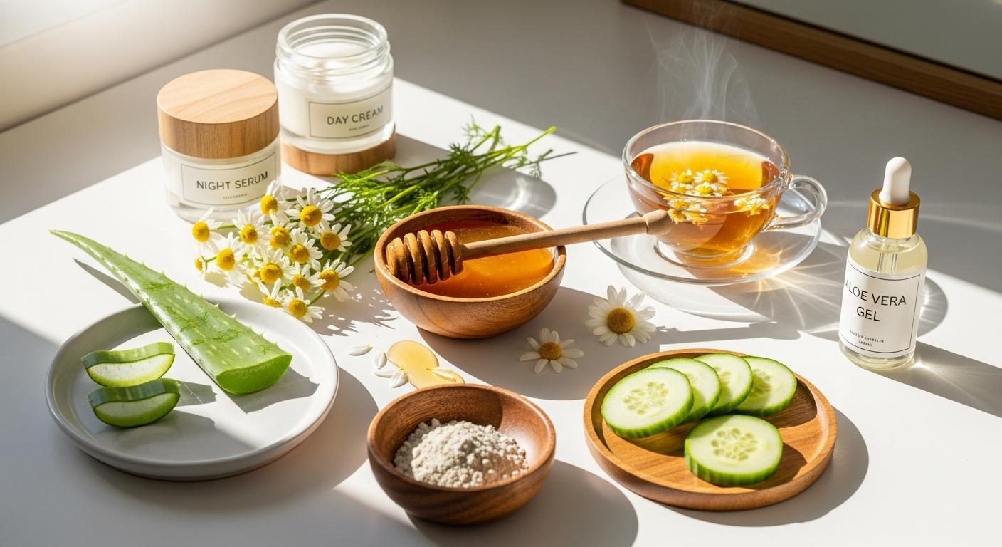 7 překvapivých řešení pro Babské rady na krásnou pleť (Bez chemie) 1 a collection of natural skincare ingredients like aloe vera gel, cucumber slices, honey, chamomile flowers, and herbal tea, showcasing přírodní ingredience for udržitelna péče.