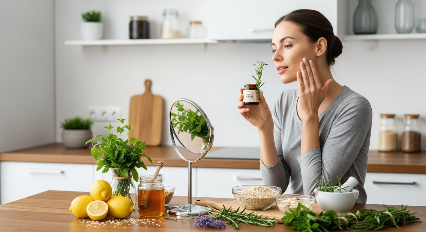 a woman examining her skin with a handheld mirror while holding rosemary oil, surrounded by natural ingredients like lemons, herbs, and honey for skincare focused on balancing oily skin and maintaining a healthy kožní bariéra.