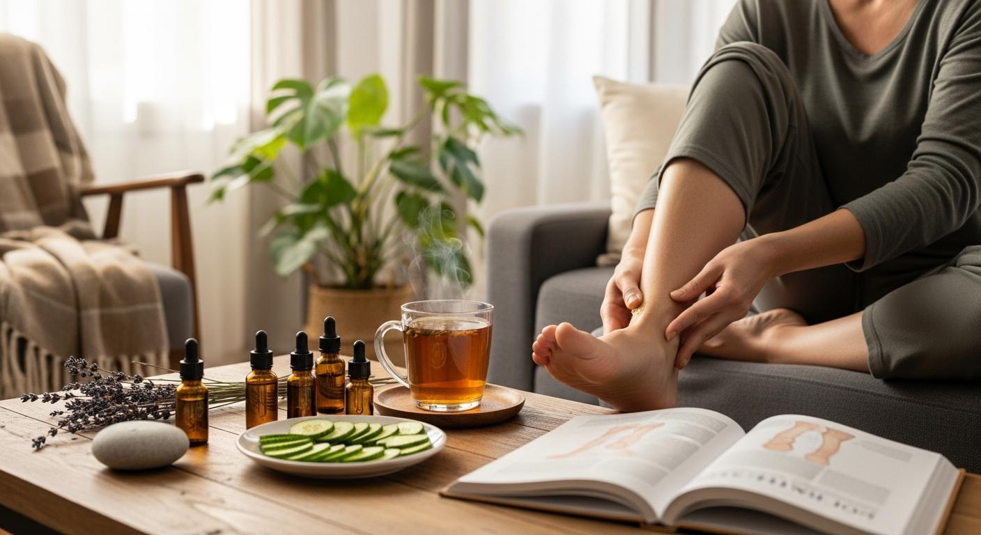 a person receiving a foot massage with natural remedies including essential oils, herbal tea, cucumber slices, and an open book on natural health therapies for swollen feet and chronic fluid retention.