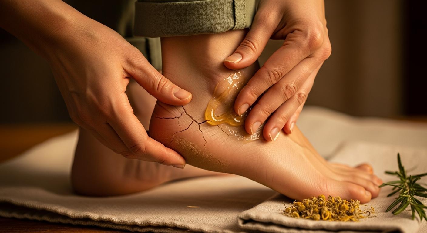 Tajemství a Babské rady na popraskané paty: Objevte zapomenuté moudrosti 1 hands applying healing balm to cracked heels with dry, flaky skin, showcasing foot care treatment