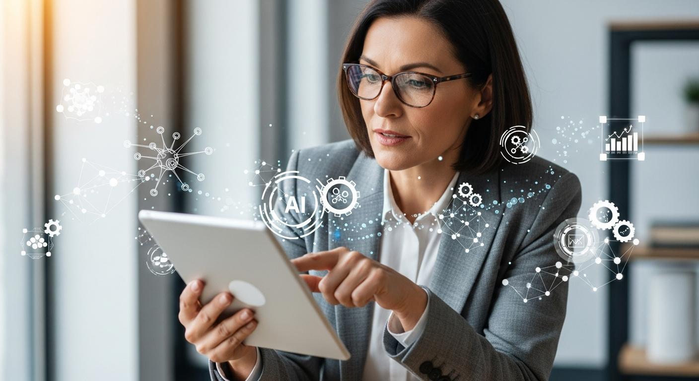 Jak na to: Babské rady profesorky strunecké (Krok za krokem) 8 a professional woman using a tablet displaying AI and interconnected technology icons, suggesting modern solutions for effective problem-solving and integration of traditional methods.