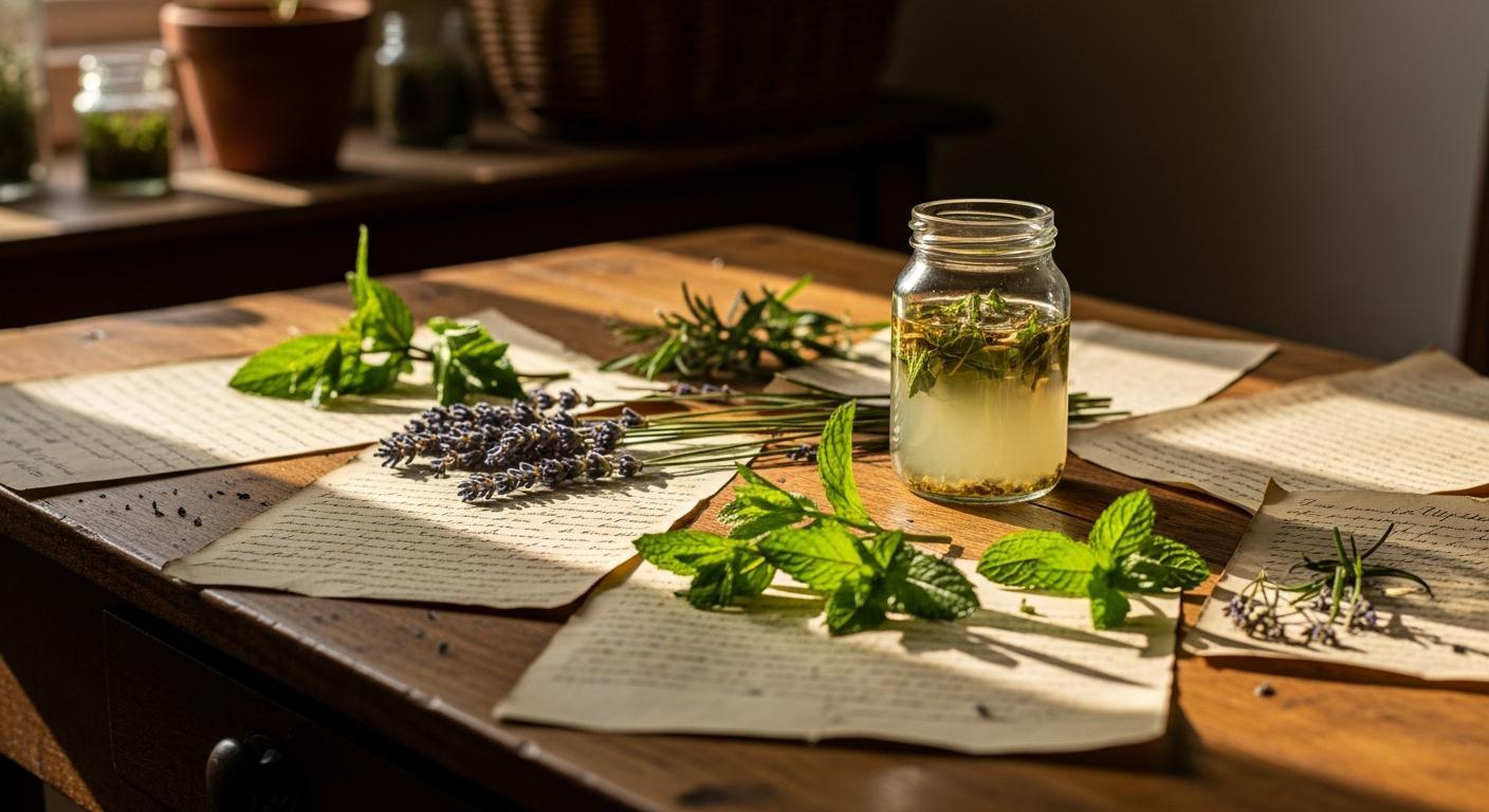 Tajemství a Babské rady proti mouchám: Objevte zapomenuté moudrosti 1 a wooden table displaying fresh lavender and mint leaves alongside a jar of homemade herbal repellent, illustrating traditional natural remedies for pest control.