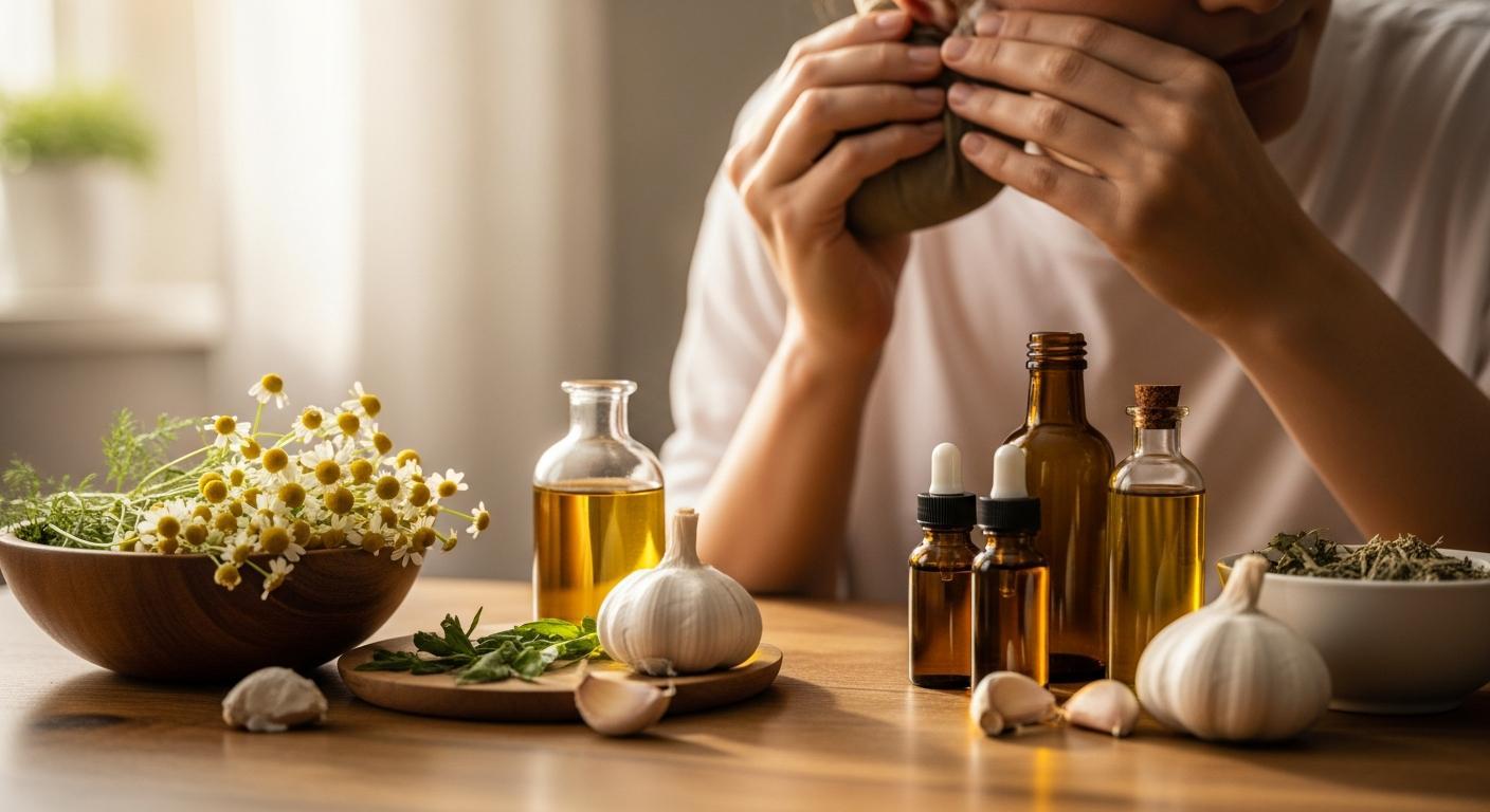 7 překvapivých řešení pro Bolest uší babské rady (Bez chemie) 1 a person preparing natural herbal remedies with chamomile flowers, garlic, essential oils, and carrier oils for soothing ear discomfort using traditional methods