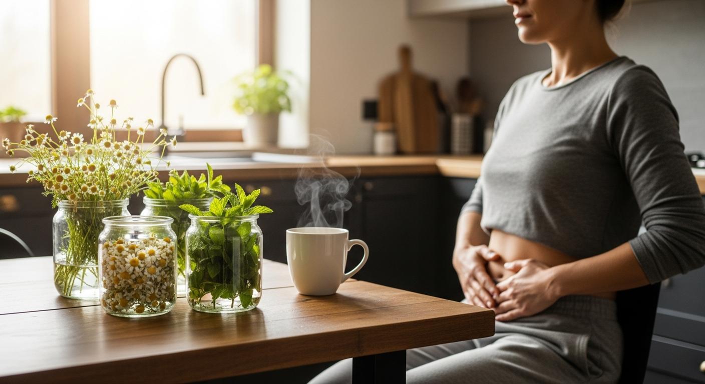 Co na křeče v břiše babské rady: 5 ověřených tipů a domácích receptů (2026) 1 a woman sitting at a kitchen table holding her stomach with jars of herbal remedies, dried plants, fresh mint, and a steaming cup of tea for abdominal relief.