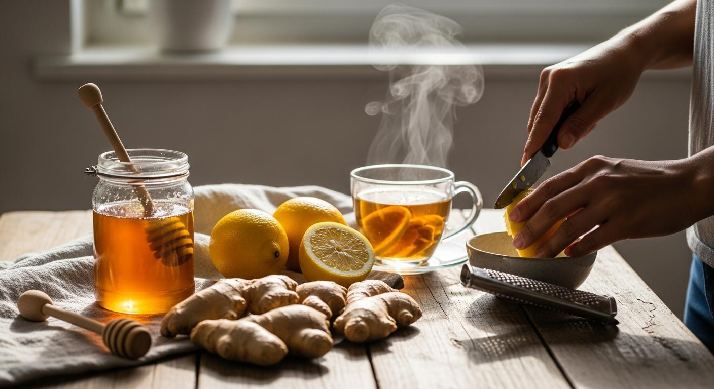 Co pomaha na kasel babske rady: 5 ověřených tipů a domácích receptů (2026) 1 a wooden table with honey jar, fresh ginger being grated, lemon slices, and steaming herbal tea for natural cough remedy using babské rady