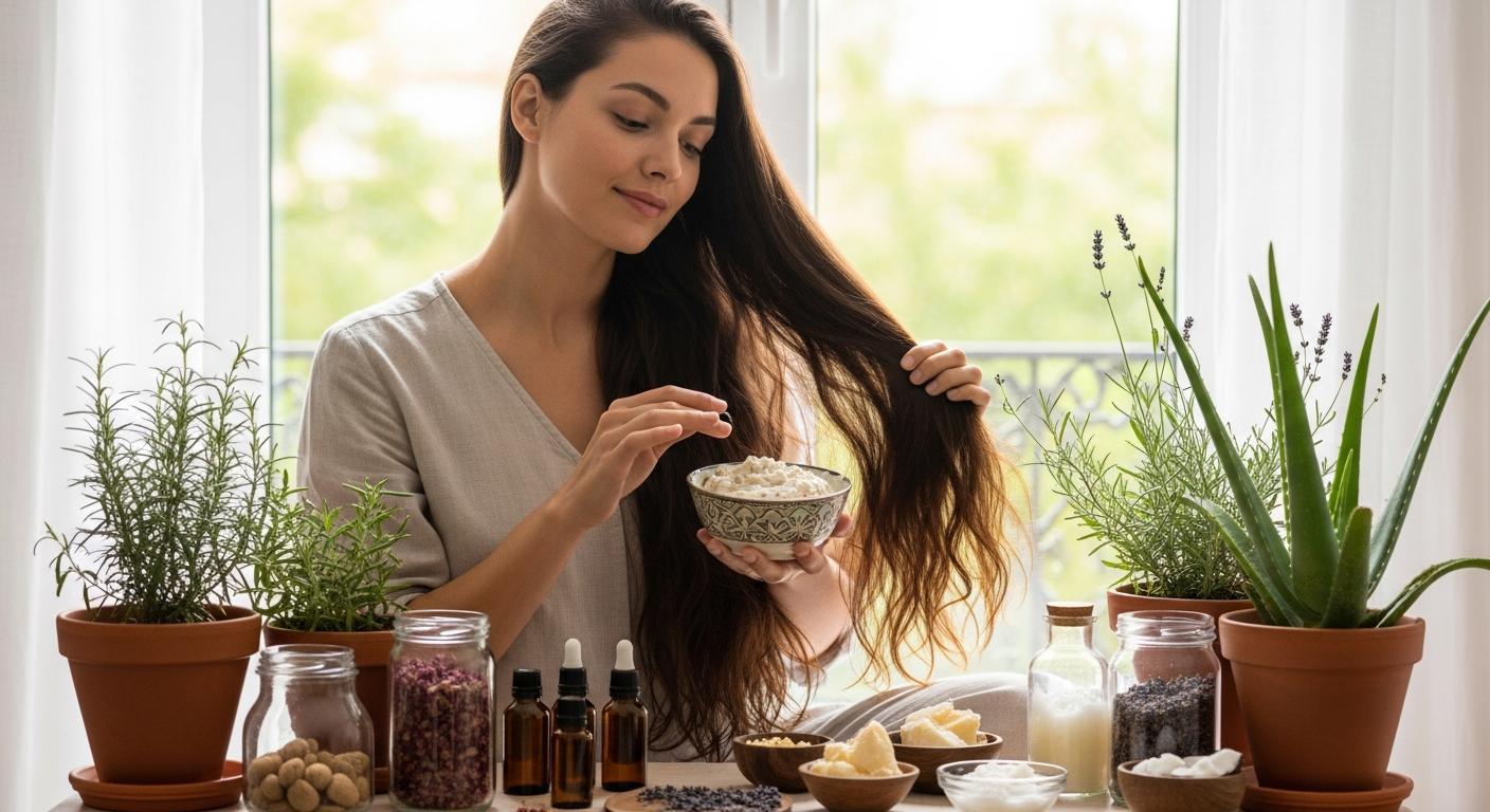 a woman applying a natural hair mask to her dlouhe vlasy using homemade ingredients and herbal plants.