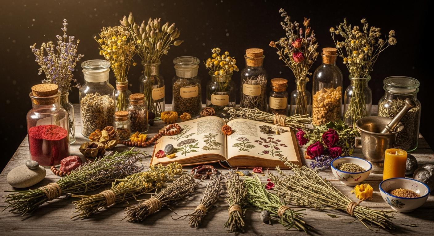 Tajemství a Jak zastavit menstruaci babské rady: Objevte zapomenuté moudrosti 1 a vintage wooden table displaying dried herbs, botanical jars with labeled herbal remedies, bundles of lavender and other plants, an open book with herbal illustrations, and traditional tools for fytoterapie and natural wellness approaches.