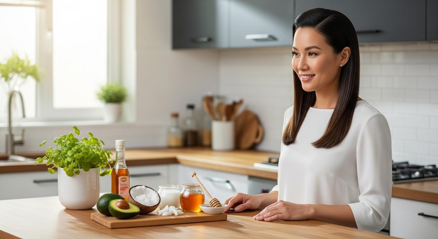 Krepaté vlasy babské rady: Rychlá pomoc z vaší kuchyně (Aktualizováno 2026) 1 a woman smiling in a modern kitchen preparing natural ingredients like honey, coconut, and avocado for homemade beauty or haircare remedies.