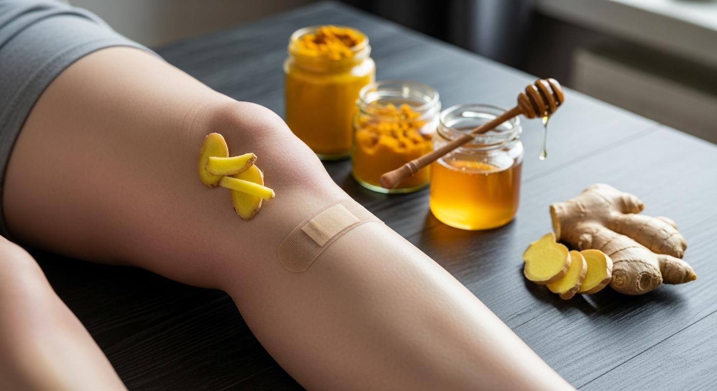 Oteklé koleno babské rady: Rychlá pomoc z vaší kuchyně (Aktualizováno 2026) 1 a person’s knee with a slice of ginger and adhesive bandage, surrounded by honey and turmeric jars for natural home remedy treatment of swollen knee joint