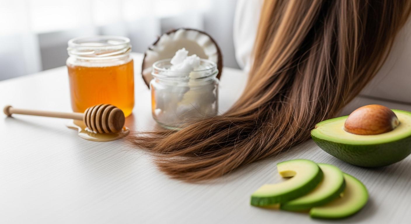 natural hair care ingredients including honey, coconut oil, and avocado for treating and preventing split ends on damaged hair