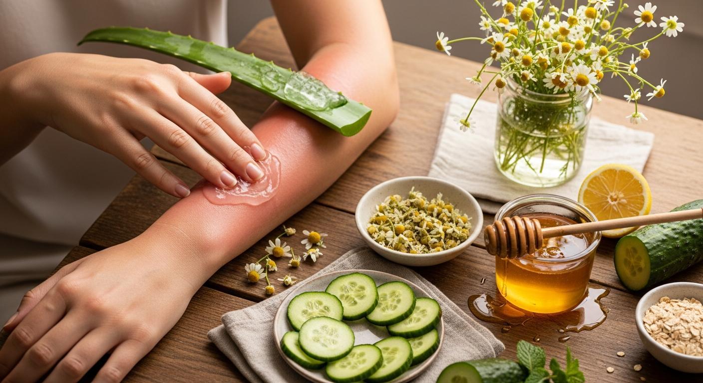 hands applying aloe vera gel to sunburned skin with natural ingredients like honey, chamomile, and cucumber slices for skin regeneration