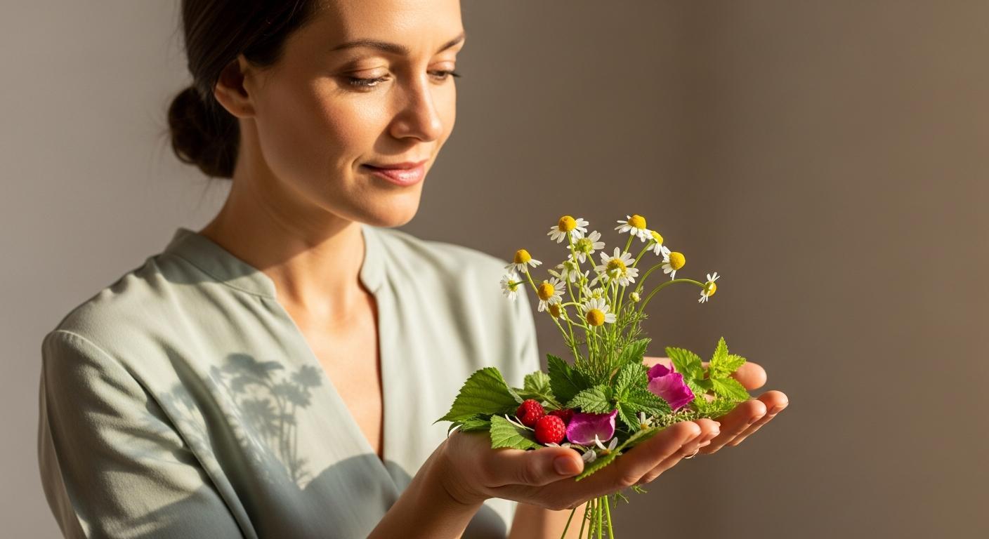 a woman holding a small bouquet of fresh herbs and flowers, possibly illustrating natural remedies for vaginal discomfort or wellness.