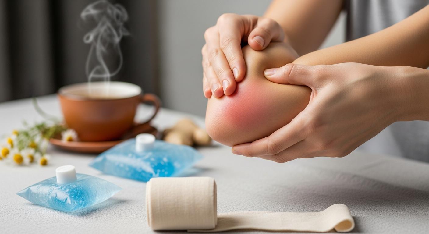 hands performing a natural home remedy massage on an elbow with fluid accumulation, using ice packs and herbal tea steam for relief