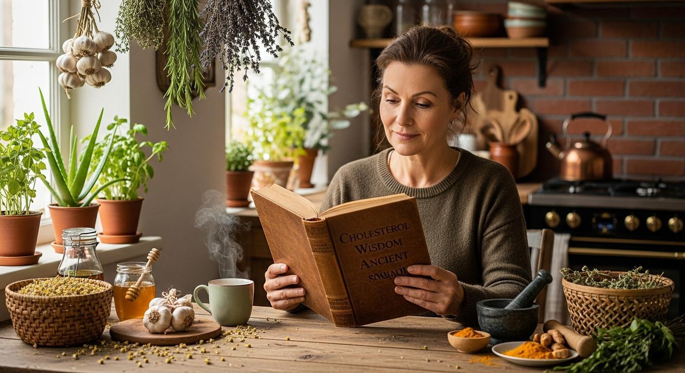 Tajemství a Vysoký cholesterol babske rady: Objevte zapomenuté moudrosti 8 a woman reading an ancient book titled "Cholesterol Wisdom" surrounded by natural ingredients like garlic, herbs, and spices in a cozy kitchen setting.