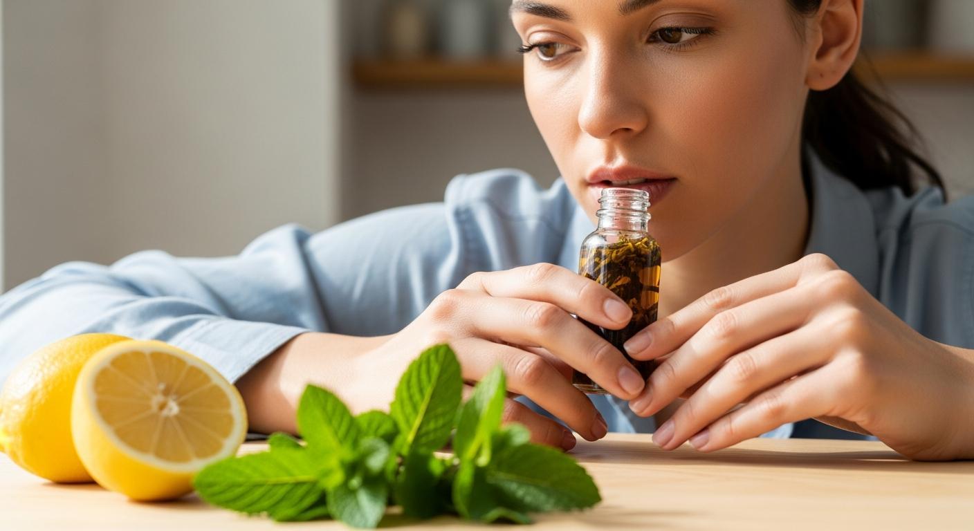 Nejlepší postup pro Zápach z úst babské rady: Průvodce pro začátečníky 6 a person smelling herbal essential oil, lemon, and mint leaves to address bad breath remedies