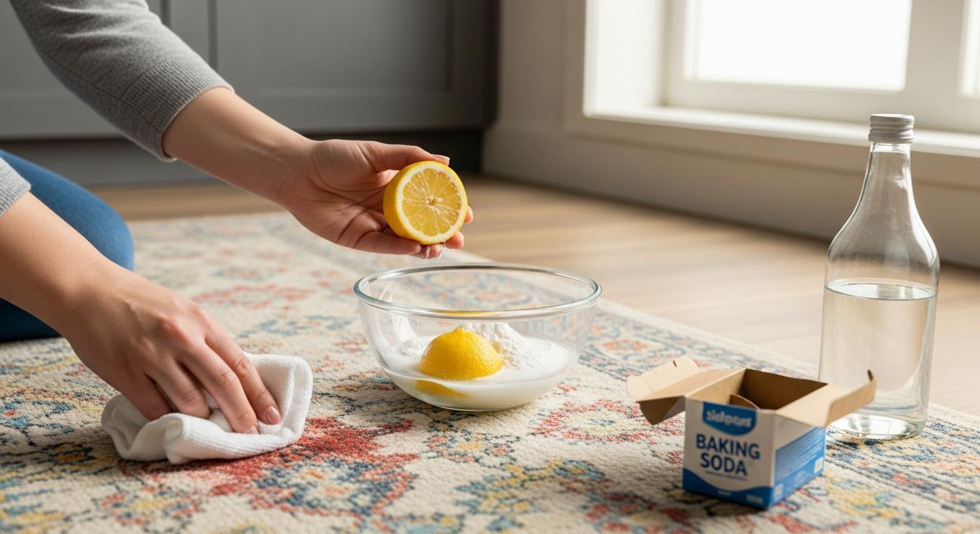 Čištění koberců babské rady: Rychlá pomoc z vaší kuchyně (Aktualizováno 2026) 1 a person preparing a natural cleaning solution for carpets using lemon, baking soda, and water with a cloth for spot treatment