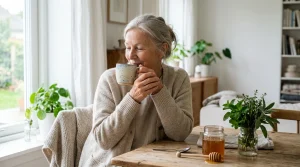 Blog 31 žena pijící teplý bylinkový čaj s medem při zahlenění krku (SeniorHub.cz) při tématu zahlenění krku bez kašle a domácí babské rady
